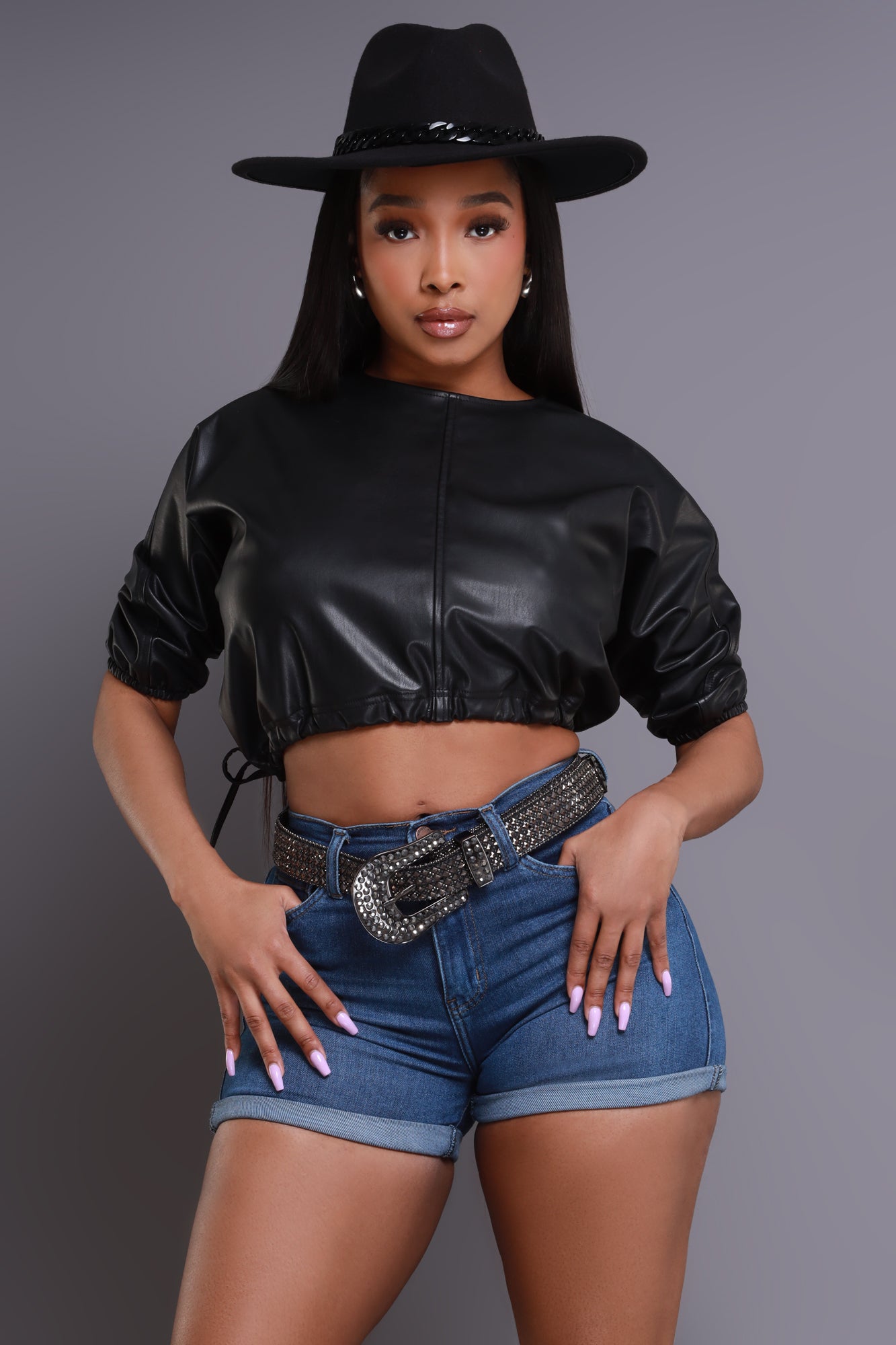 Mayhem Cropped Faux Leather Blouse - Black - Swank A Posh