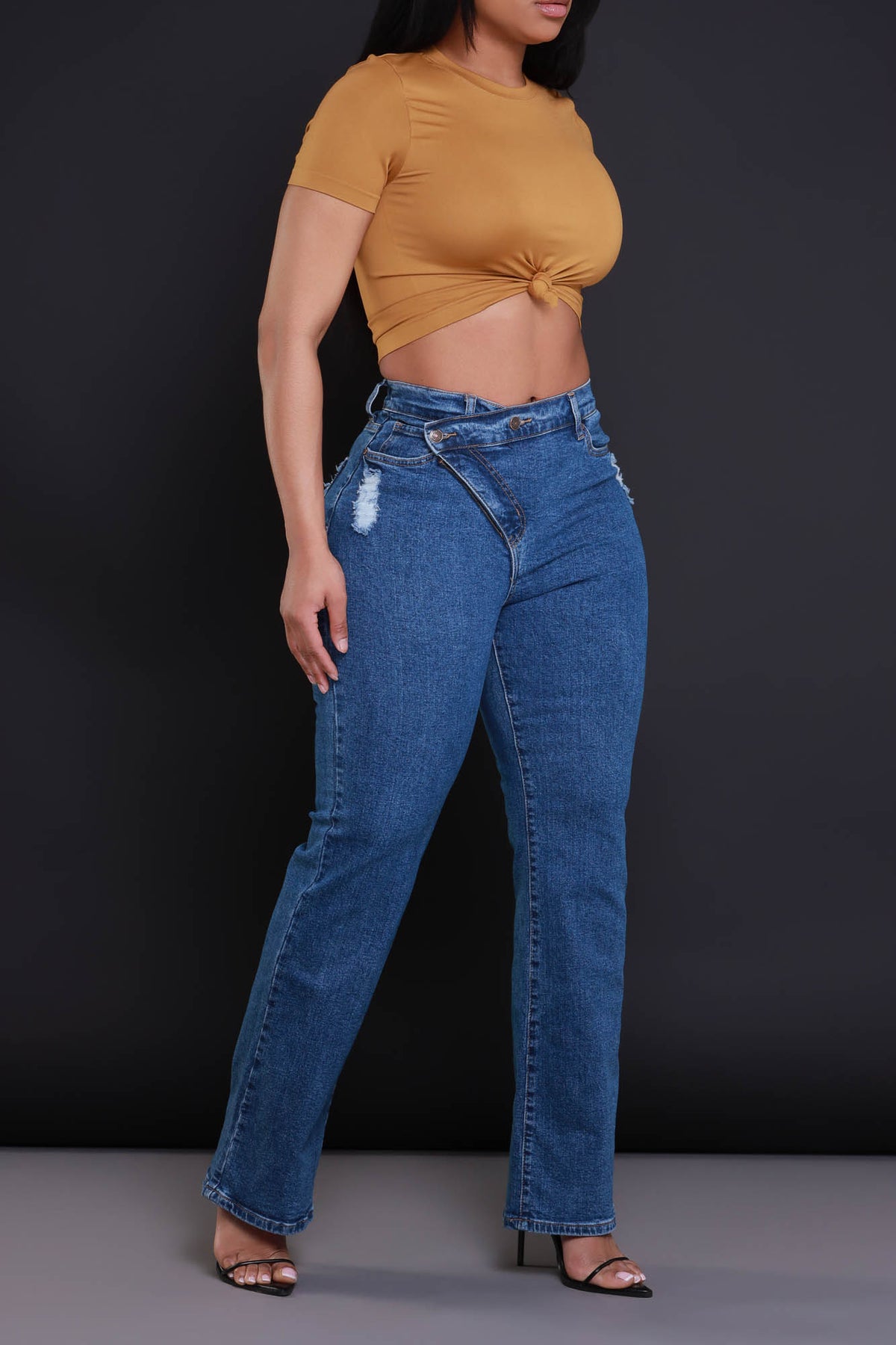 
              Take The Call High Rise Asymmetrical Bootcut Jeans - Medium Wash - Swank A Posh
            