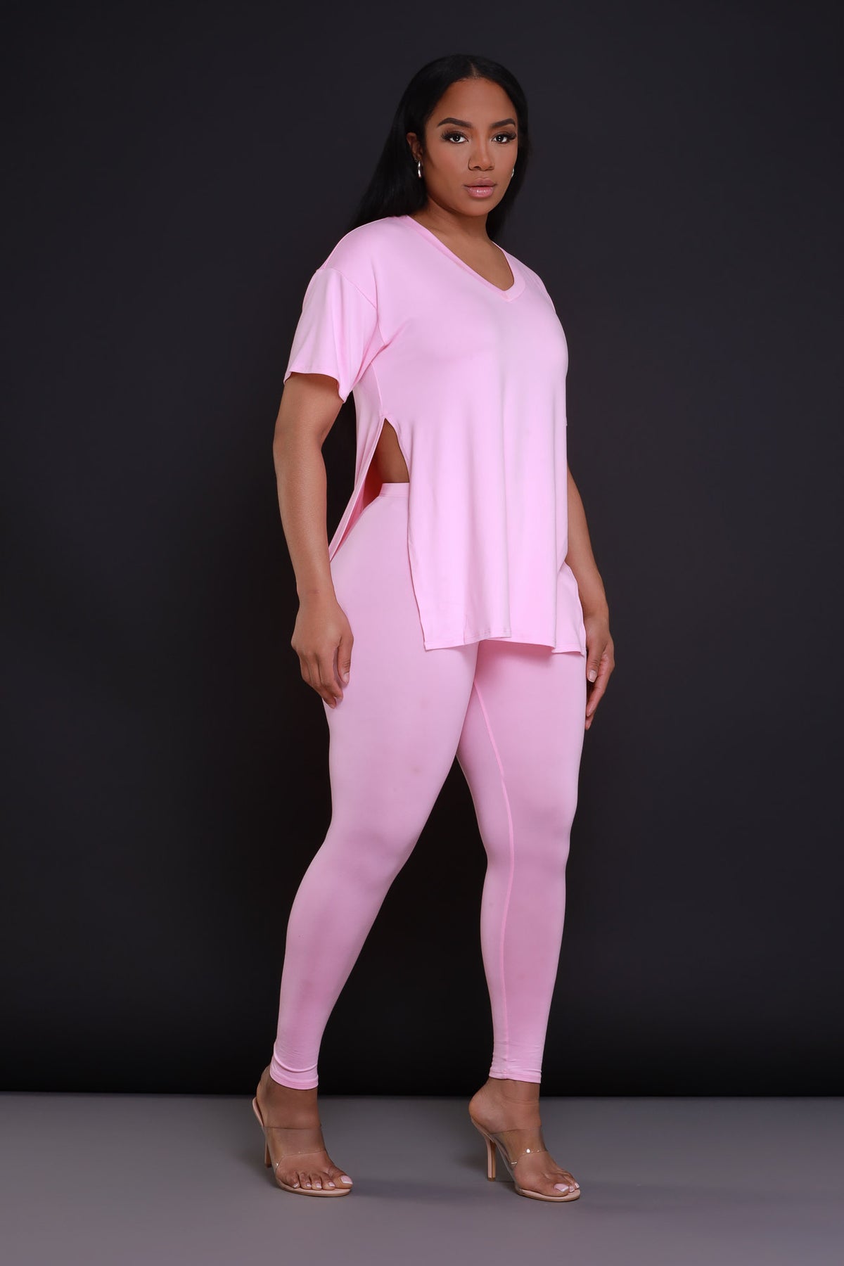 
              Open Mind Side Slit Short Sleeve Legging Set - Pink - Swank A Posh
            