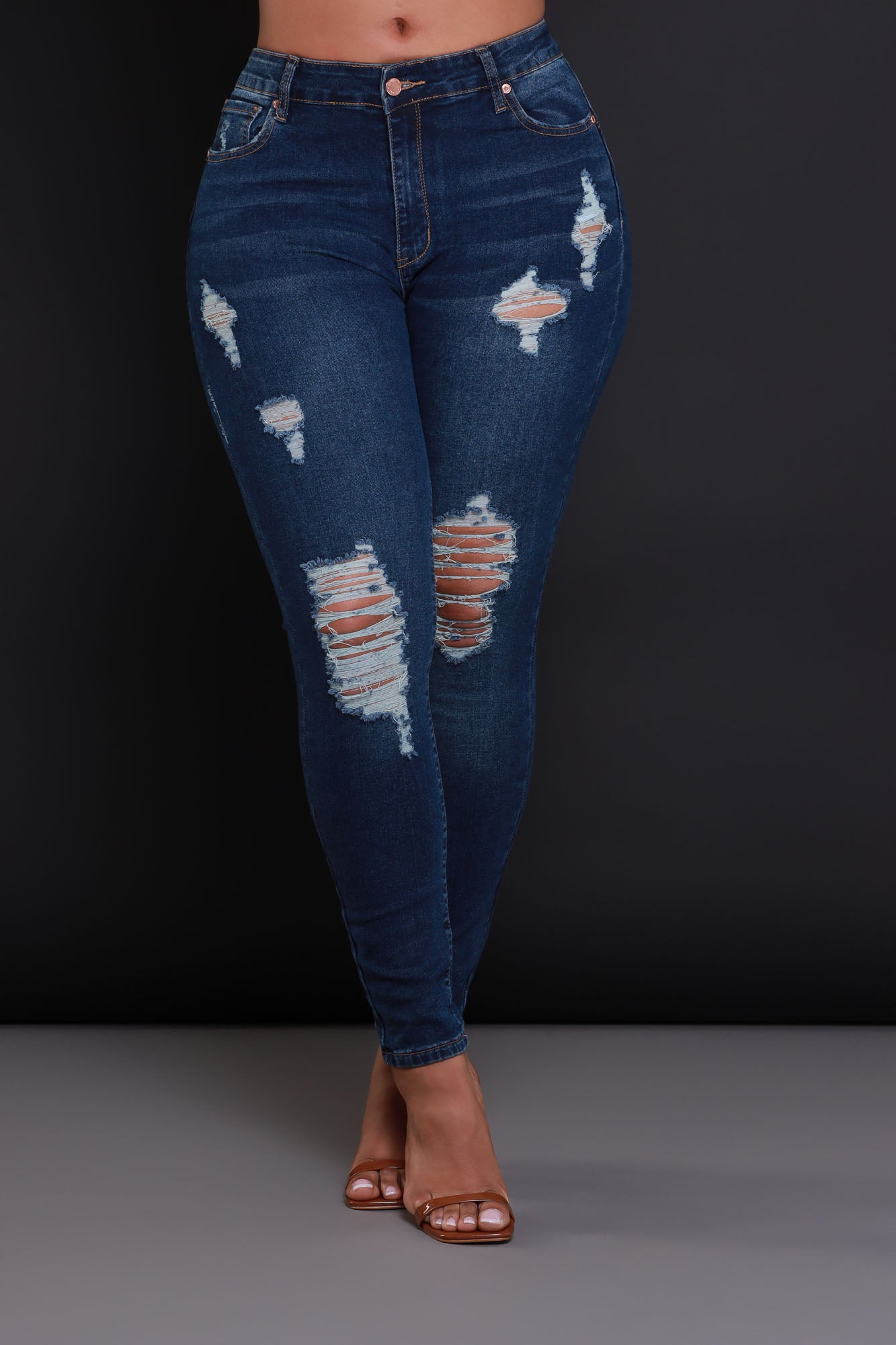 Heads Or Tails Hourglass Distressed Stretchy Jeans - Dark Wash - Swank A Posh