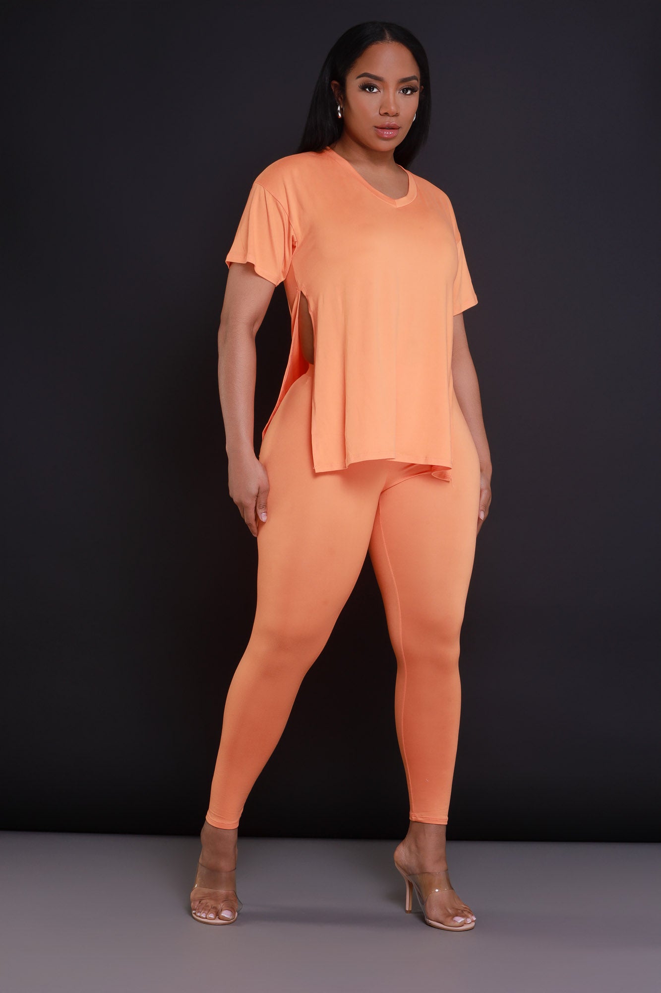 Open Mind Side Slit Short Sleeve Legging Set - Orange - Swank A Posh