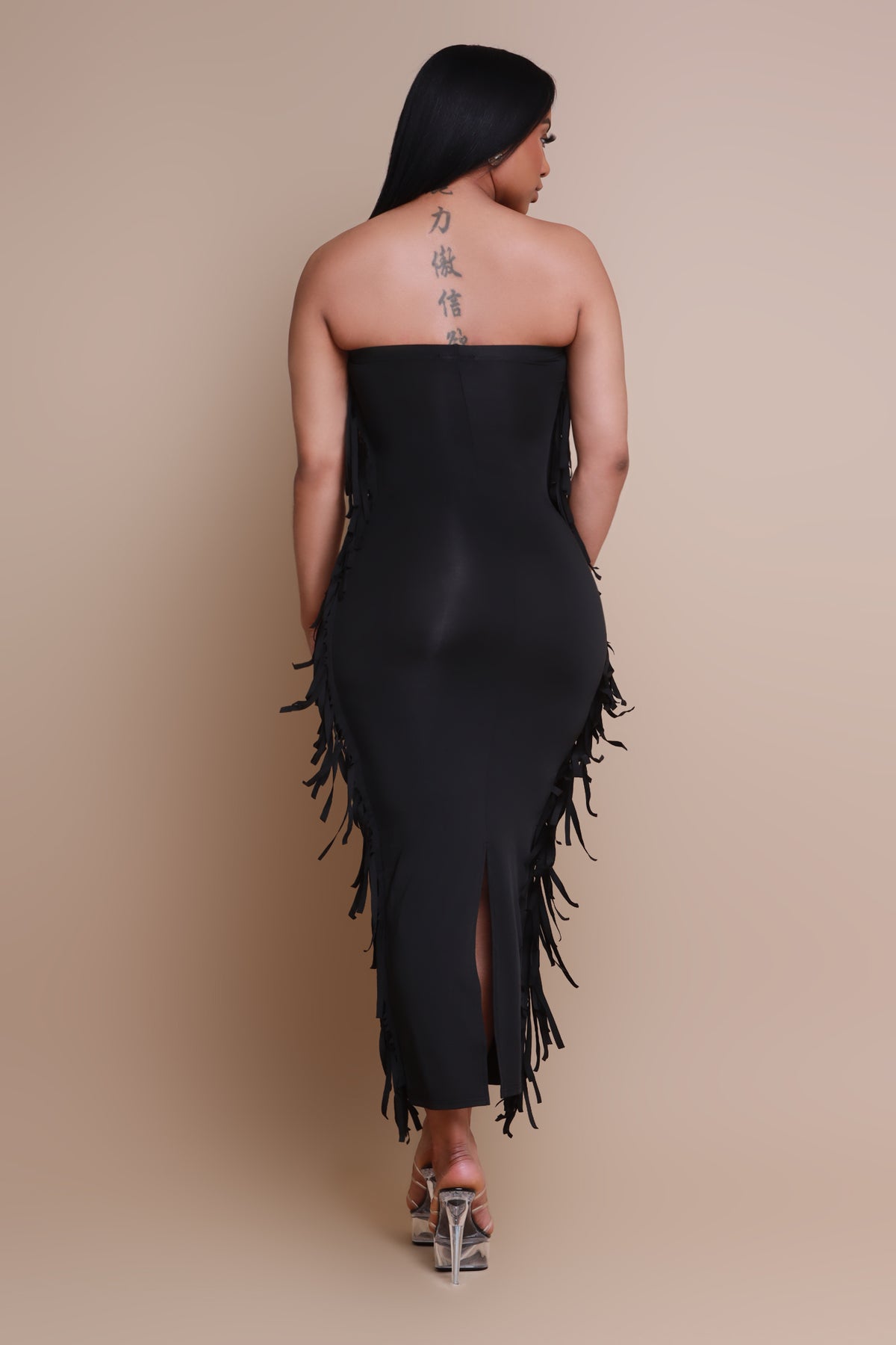 
              At All Costs Strapless Fringe Maxi Dress - Black - Swank A Posh
            