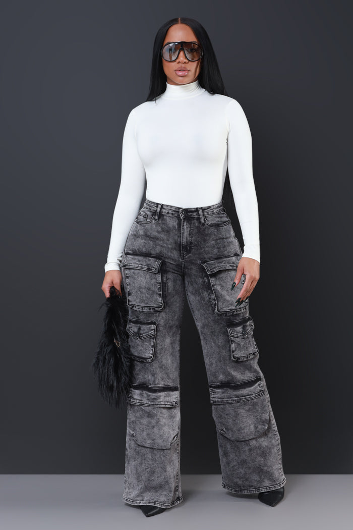 Put Em Up High Rise Wide Leg Denim Cargo Jeans - Black Mineral Wash