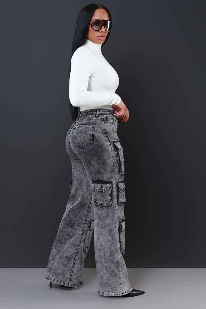 Put Em Up High Rise Wide Leg Denim Cargo Jeans - Black Mineral Wash - Swank A Posh