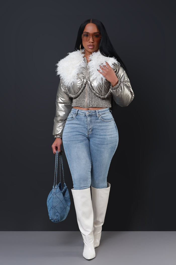 Final Touch Faux Fur Bomber Jacket - Silver - Swank A Posh