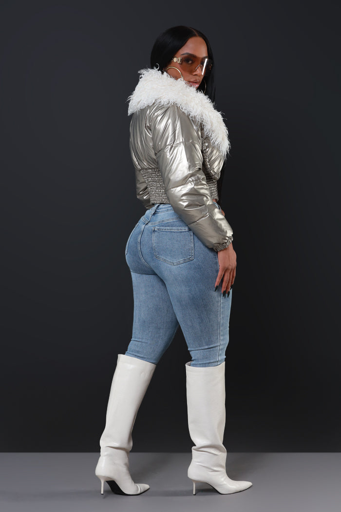 Final Touch Faux Fur Bomber Jacket - Silver