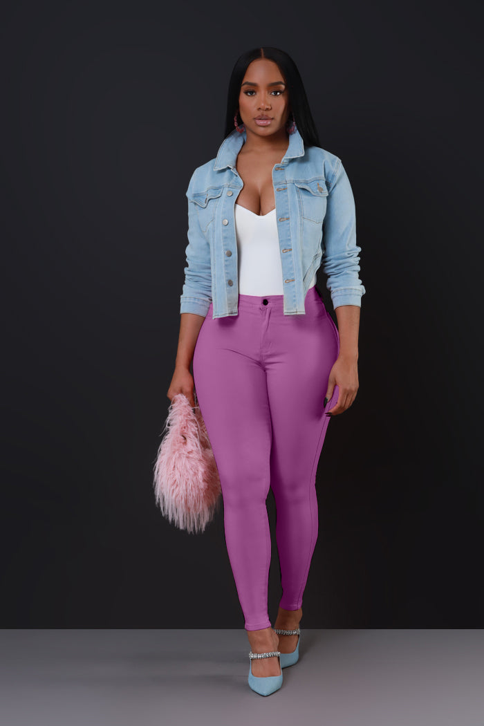 Super Swank High Rise Belt Loop Stretchy Skinny Jeans - Purple Orchid - Swank A Posh