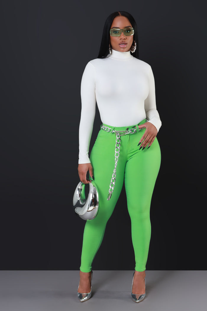 Super Swank High Rise Belt Loop Stretchy Skinny Jeans - Apple Green - Swank A Posh