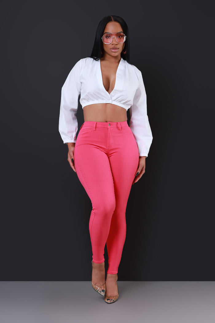 Super Swank High Rise Belt Loop Stretchy Skinny Jeans - Hot Pink - Swank A Posh
