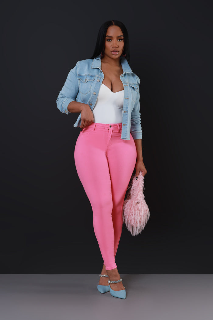 Super Swank High Rise Belt Loop Stretchy Skinny Jeans - Bubblegum Pink - Swank A Posh