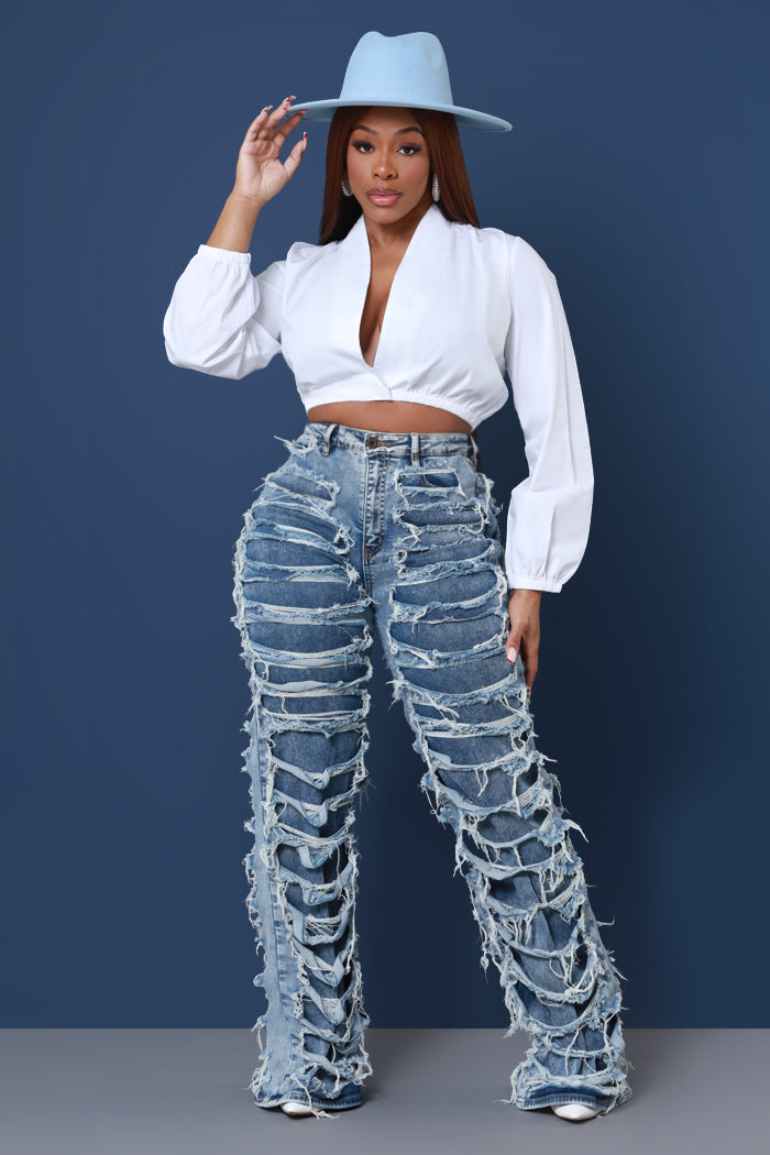 No More Time High Rise Layered Cut Out Jeans - Med Wash Shaded - Swank A Posh