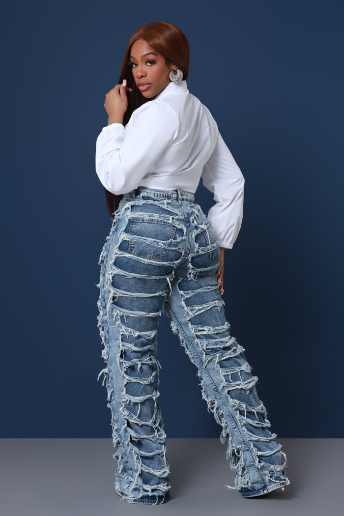 No More Time High Rise Layered Cut Out Jeans - Med Wash Shaded - Swank A Posh