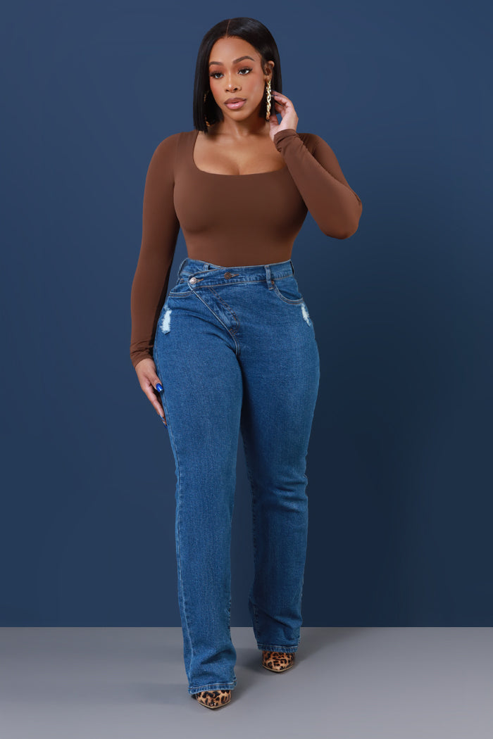 Take The Call High Rise Asymmetrical Bootcut Jeans - Medium Wash - Swank A Posh