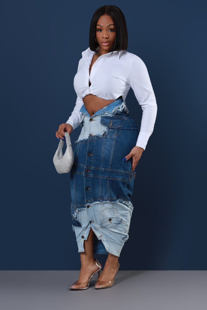 Whatever Asymmetrical Button Up Denim Skirt - Blue - Swank A Posh