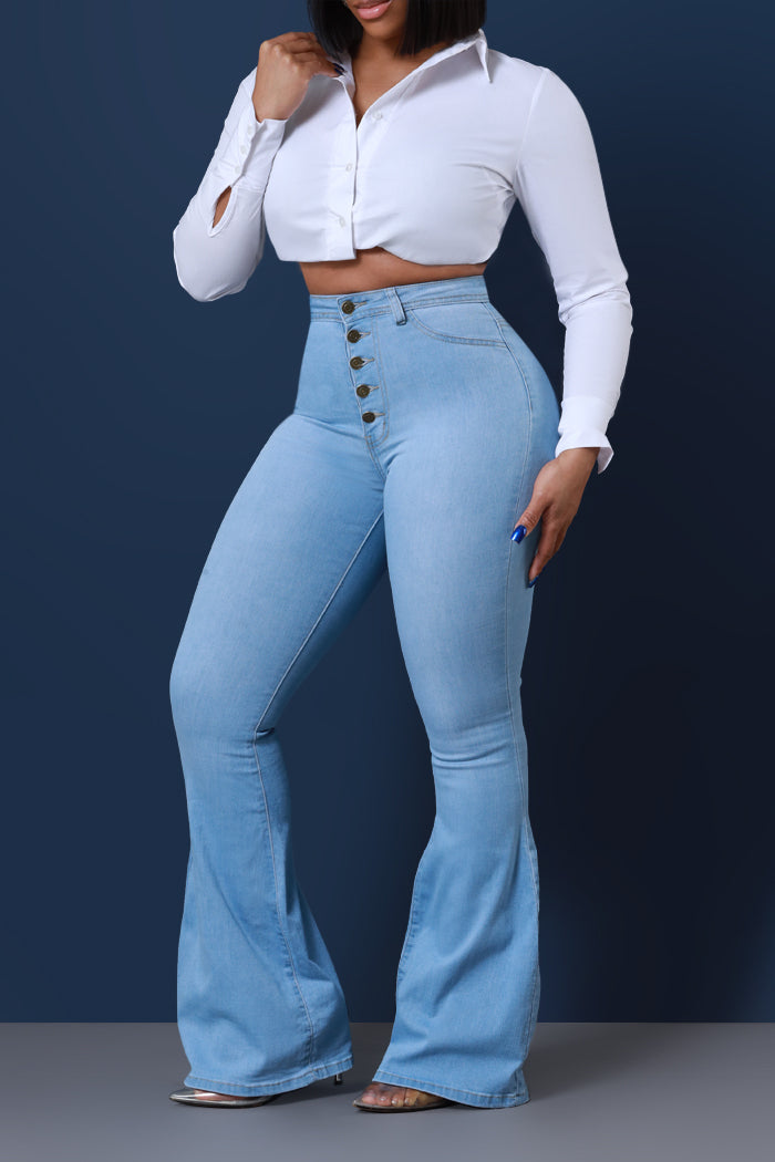 Dina High Waist Stretchy Hourglass Bell Bottom Jeans - Light Wash - Swank A Posh