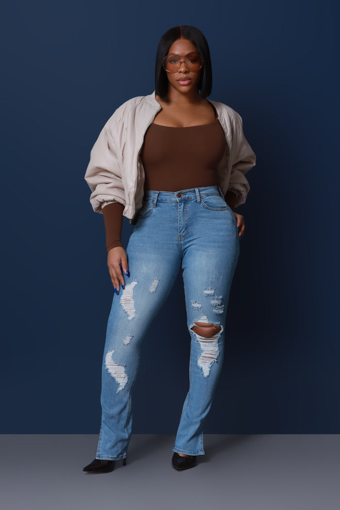 Bonus Round High Rise Distressed Vent Hem Bootcut Jeans - Blue Distressed - Swank A Posh