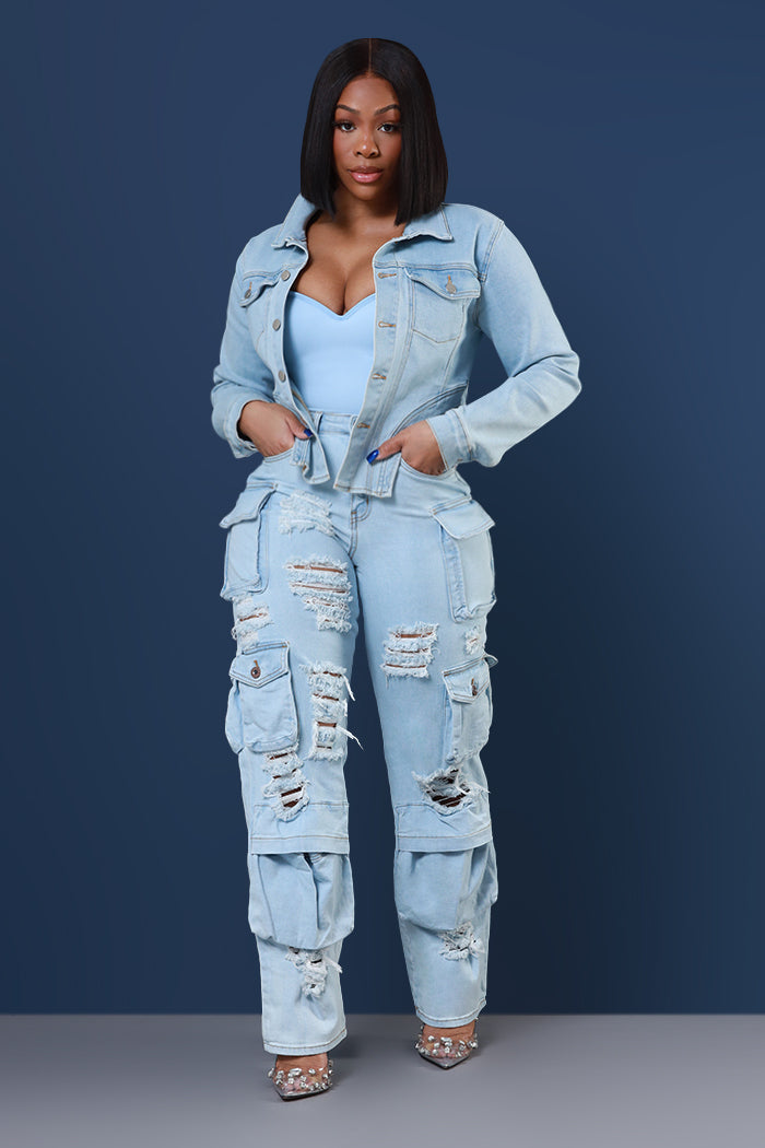 All Facts Distressed Cargo Pants - Light Wash - Swank A Posh
