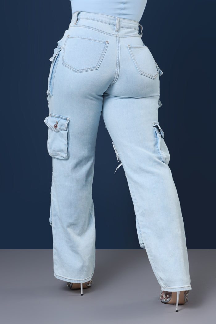 All Facts Distressed Cargo Pants - Light Wash - Swank A Posh