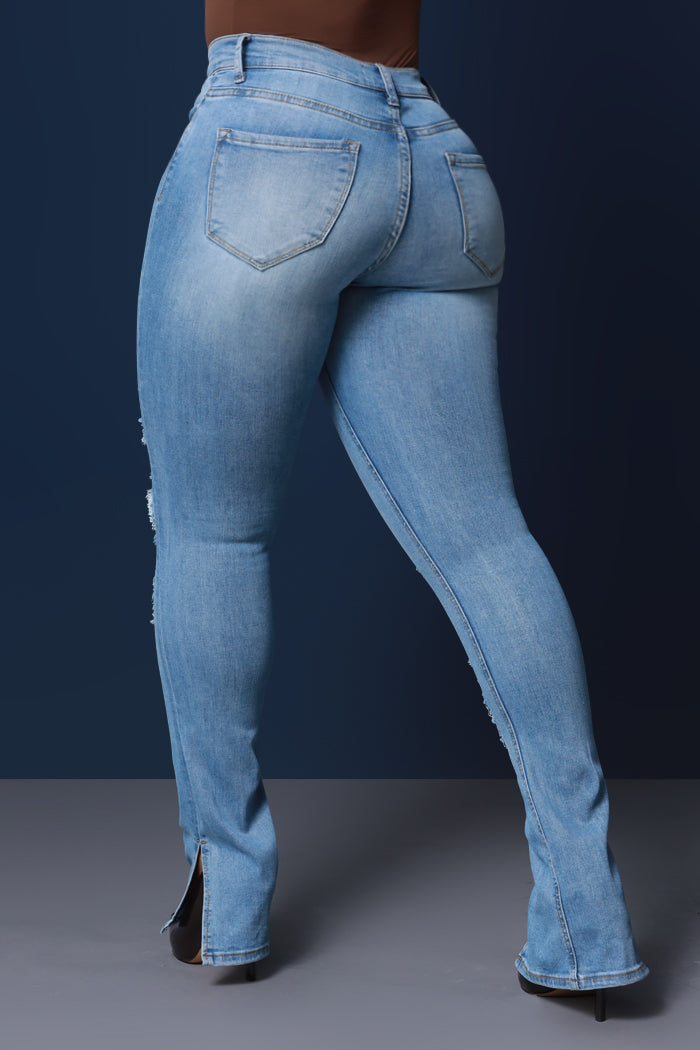 Bonus Round High Rise Distressed Vent Hem Bootcut Jeans - Blue Distressed - Swank A Posh