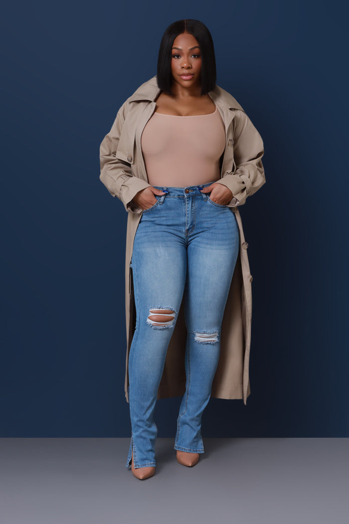 Bonus Round High Rise Distressed Vent Hem Bootcut Jeans - Blue Knee Rip - Swank A Posh