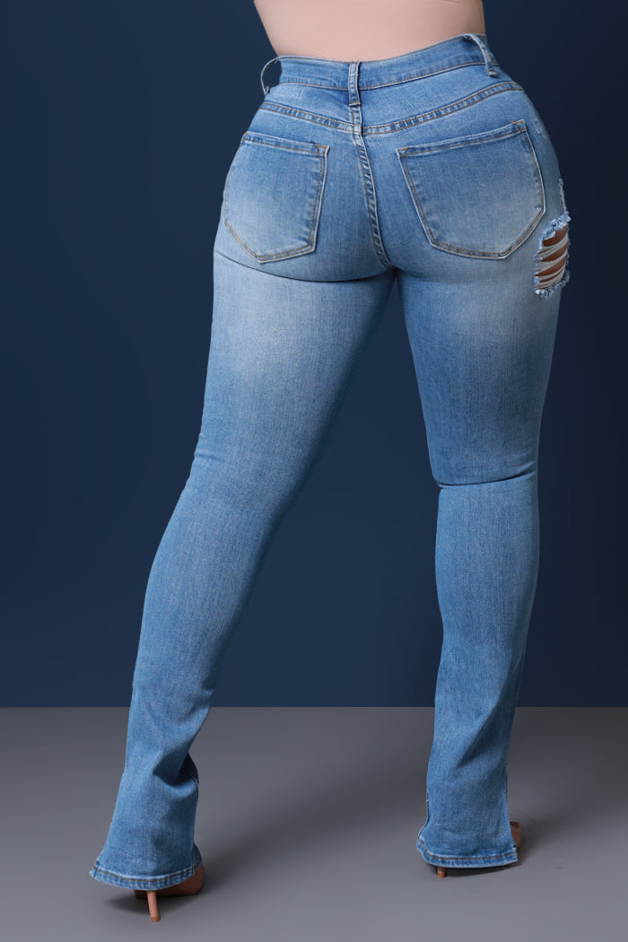 Bonus Round High Rise Distressed Vent Hem Bootcut Jeans - Blue Knee Rip - Swank A Posh