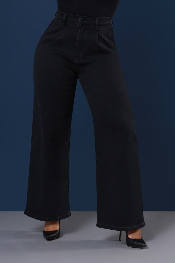 Weeks Later High Rise Pleated Wide Leg Jeans - Black - Swank A Posh