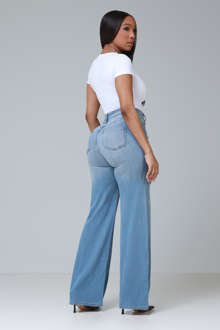 Next Move High Rise Wide Flare Jeans - Medium Wash - Swank A Posh