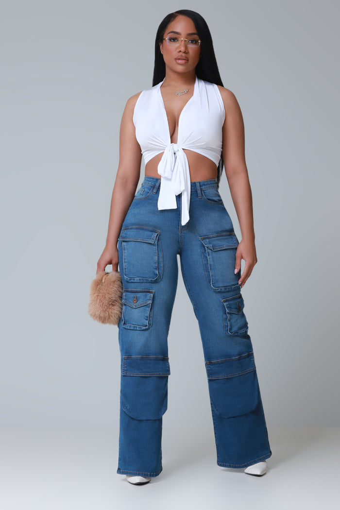 Put Em Up High Rise Wide Leg Denim Cargo Jeans - Med Wash - Swank A Posh
