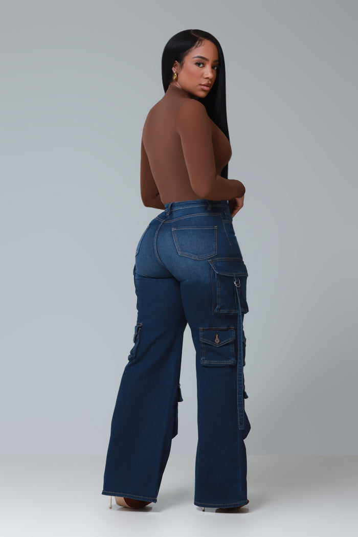 Look Out High Rise Wide Leg Cargo Pants - Dark Wash - Swank A Posh