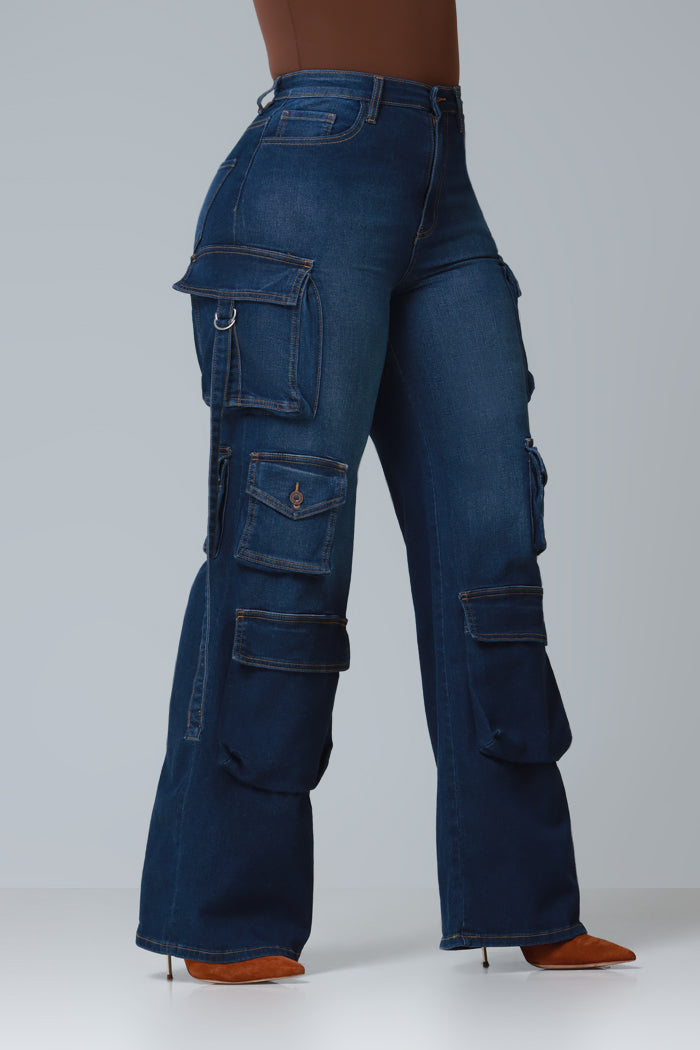 Look Out High Rise Wide Leg Cargo Pants - Dark Wash - Swank A Posh