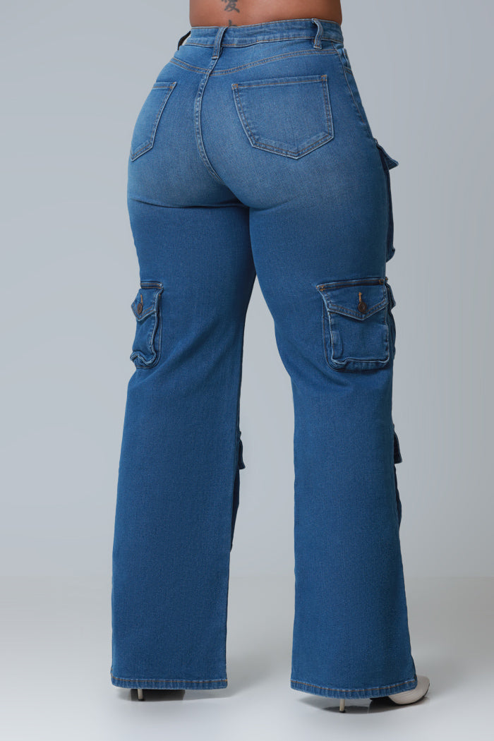 Put Em Up High Rise Wide Leg Denim Cargo Jeans - Med Wash - Swank A Posh