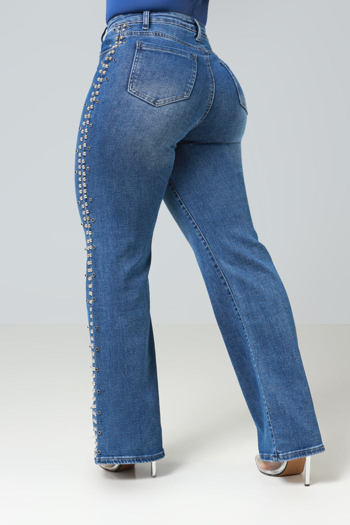 Denim Dream Mid Rise Studded Jeans - Med Wash - Swank A Posh