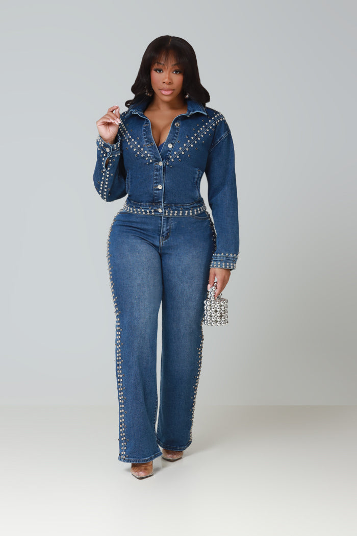 Denim Dream Mid Rise Studded Jeans - Med Wash - Swank A Posh