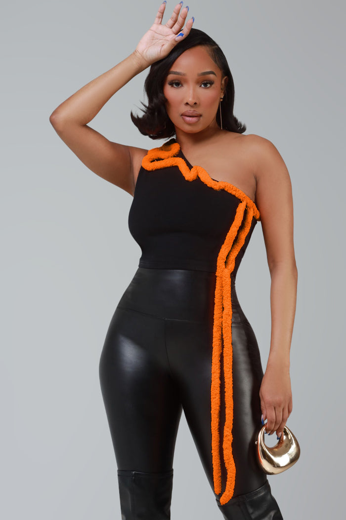 Sunburn One Shoulder Corded Crop Top - Black/Orange - Swank A Posh