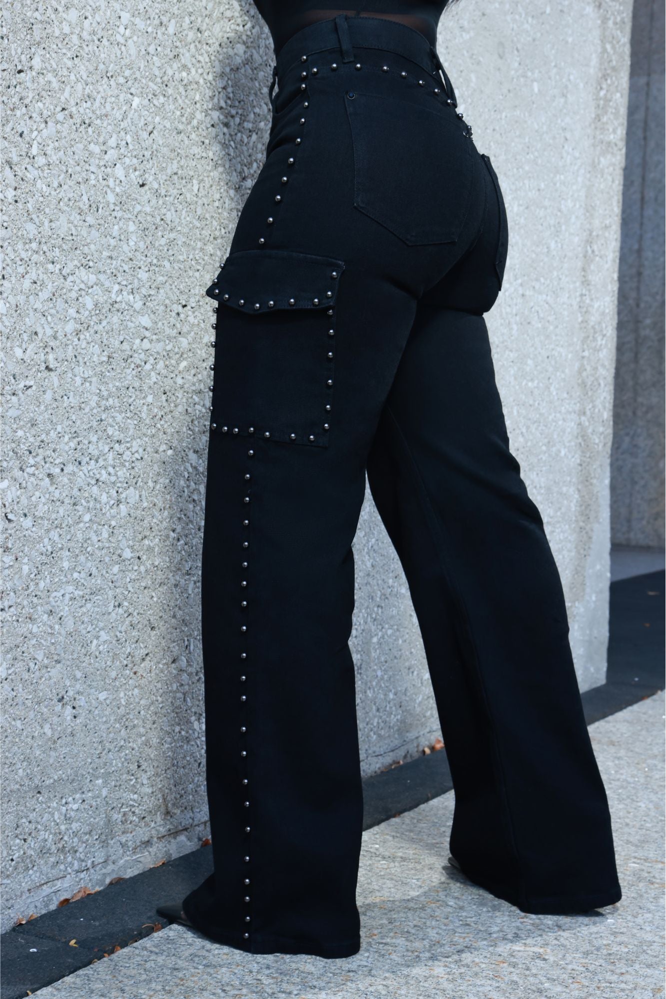 Silver Tongue Pearl Studded Cargo Jeans - Black - Swank A Posh