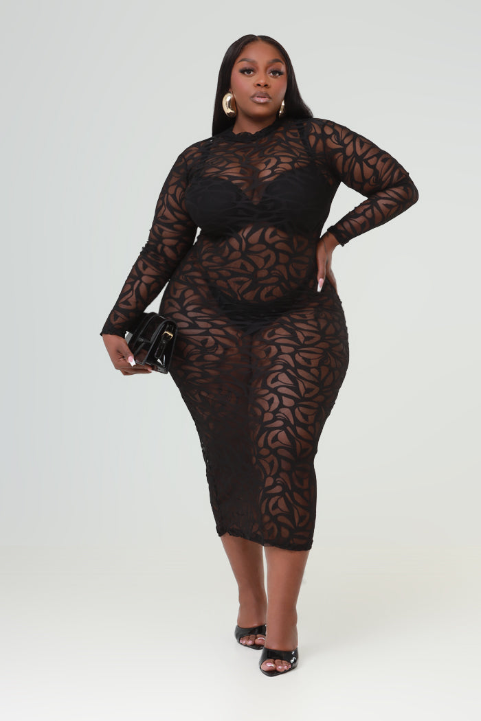 sheer lace maxi dress plus size Anna-Kaci Women's Plus Size Long Sleeve Maxi Dress with Sheer Lace Sleeves Elastic Waist and Lace Hem Panel, Black / Plus-1X-14W-16W