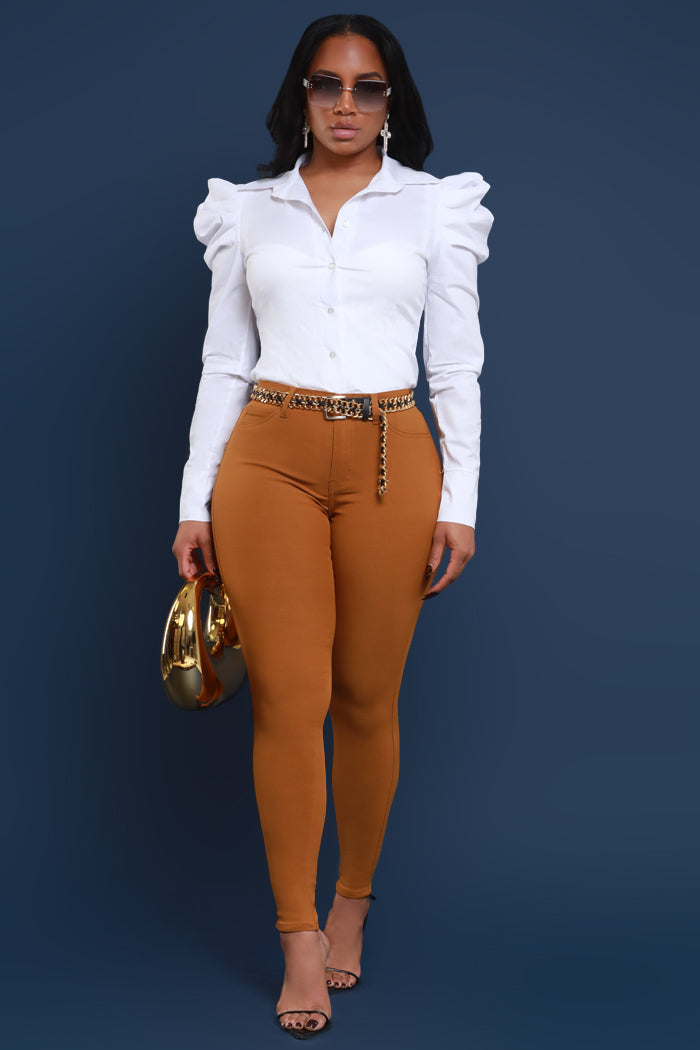 Super Swank High Rise Belt Loop Stretchy Skinny Jeans - Caramel - Swank A Posh