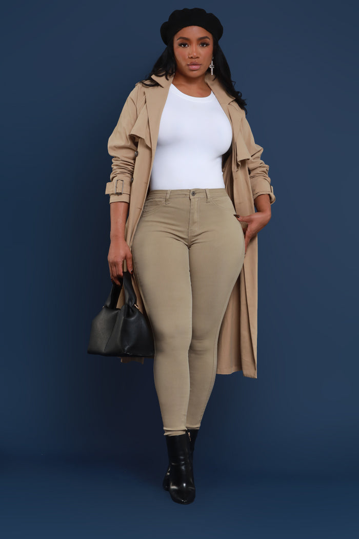 Super Swank High Rise Belt Loop Stretchy Skinny Jeans - Khaki