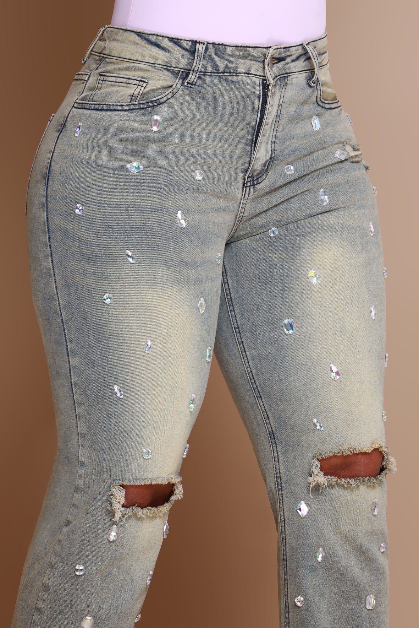 Thunder Rolls Rhinestone Embellished Ripped Jeans - Vintage Wash - Swank A Posh