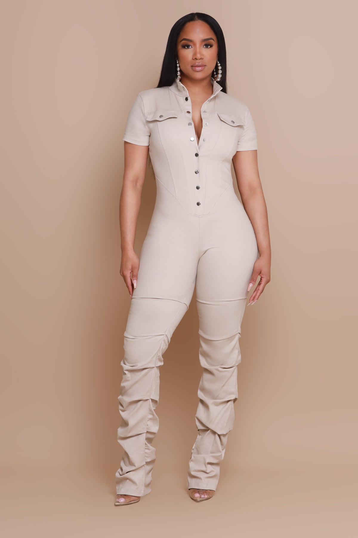 
              Go Get Em Ruched Cargo Jumpsuit - Taupe - Swank A Posh
            