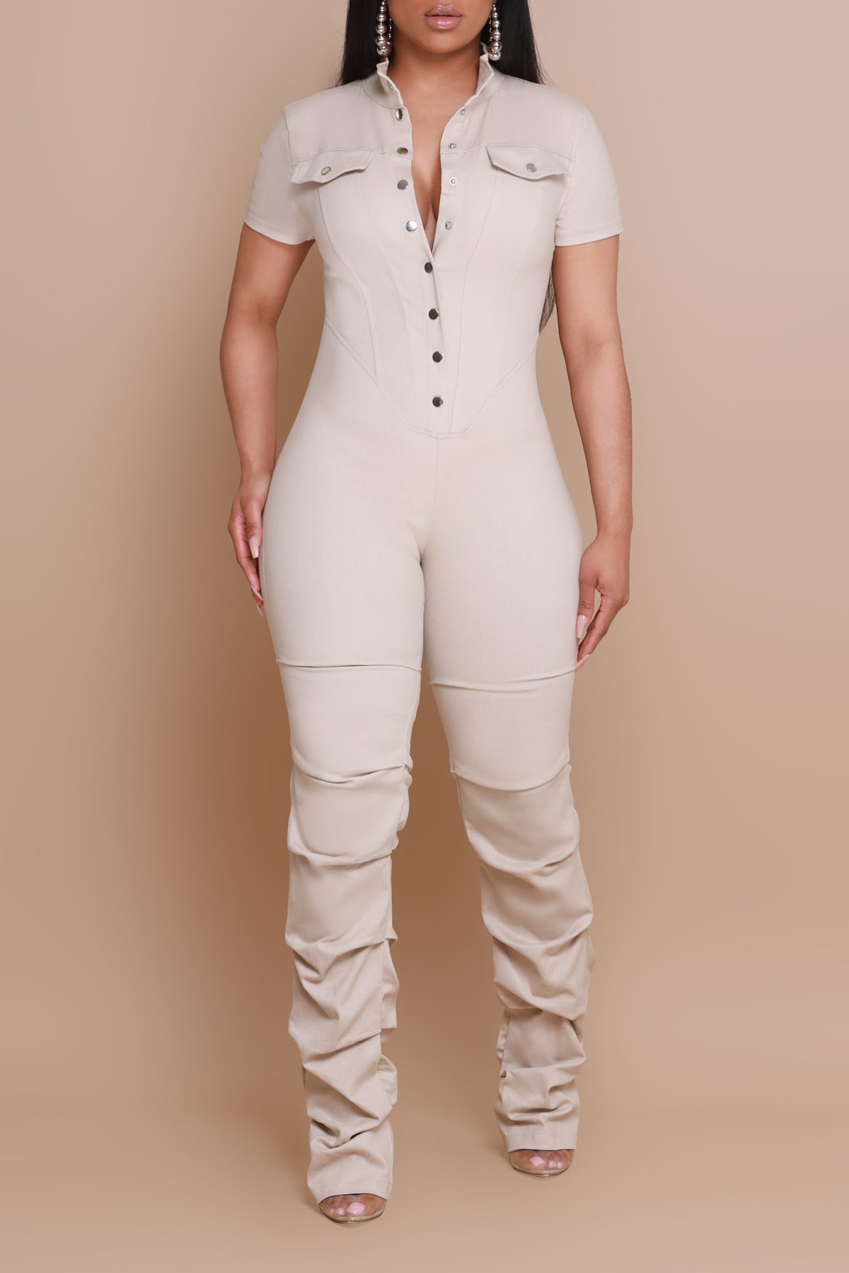 
              Go Get Em Ruched Cargo Jumpsuit - Taupe - Swank A Posh
            
