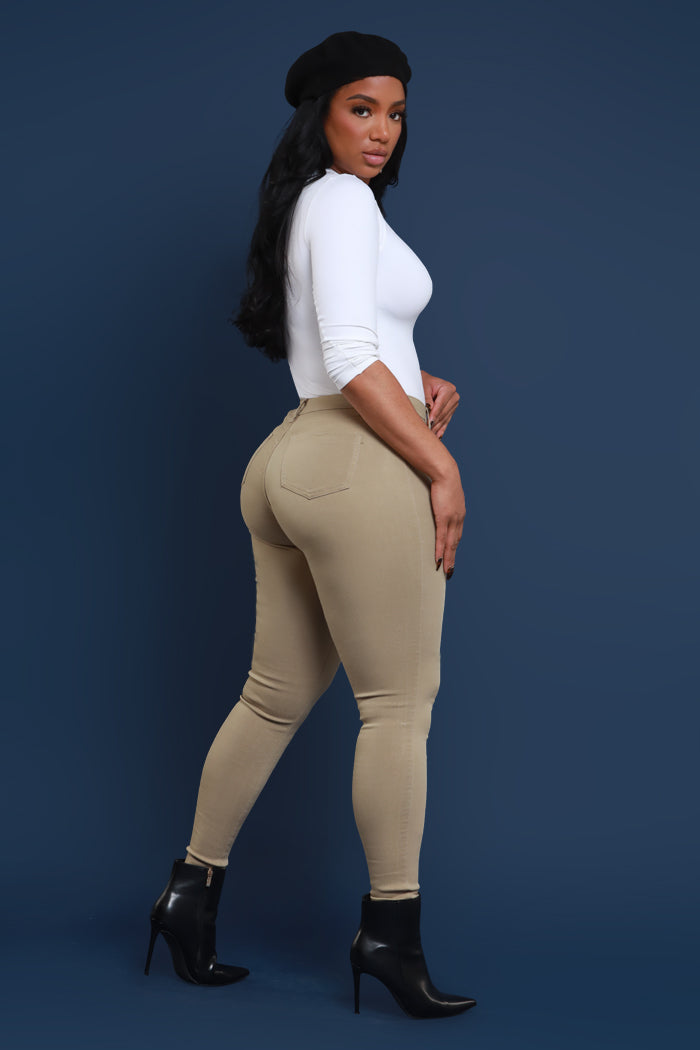 Super Swank High Rise Belt Loop Stretchy Skinny Jeans - Khaki - Swank A Posh