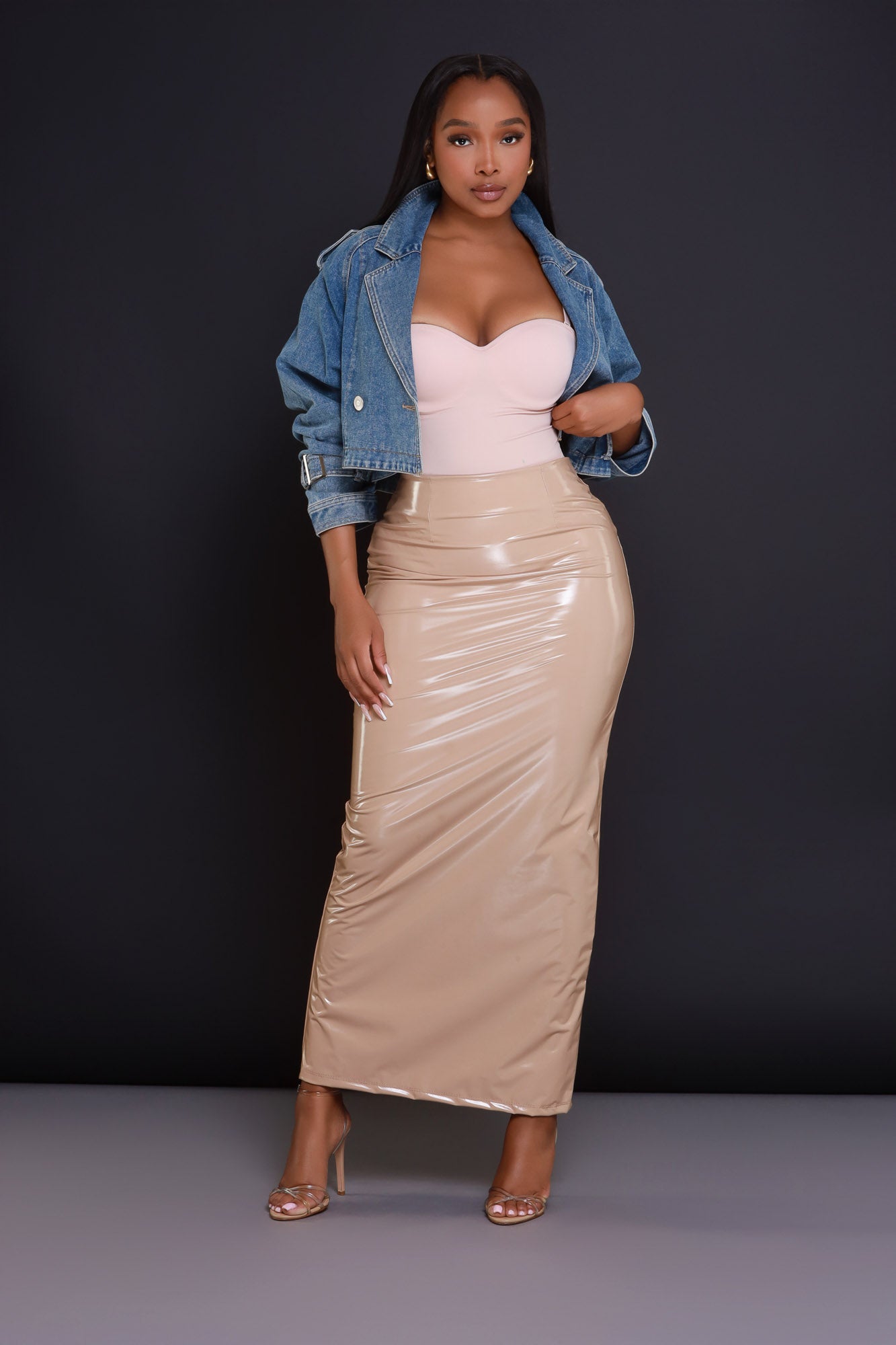 Sped Up Patent Faux Leather Maxi Skirt - Nude - Swank A Posh