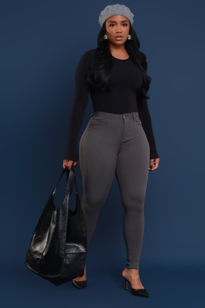 Super Swank High Rise Belt Loop Stretchy Skinny Jeans - Dark Grey - Swank A Posh