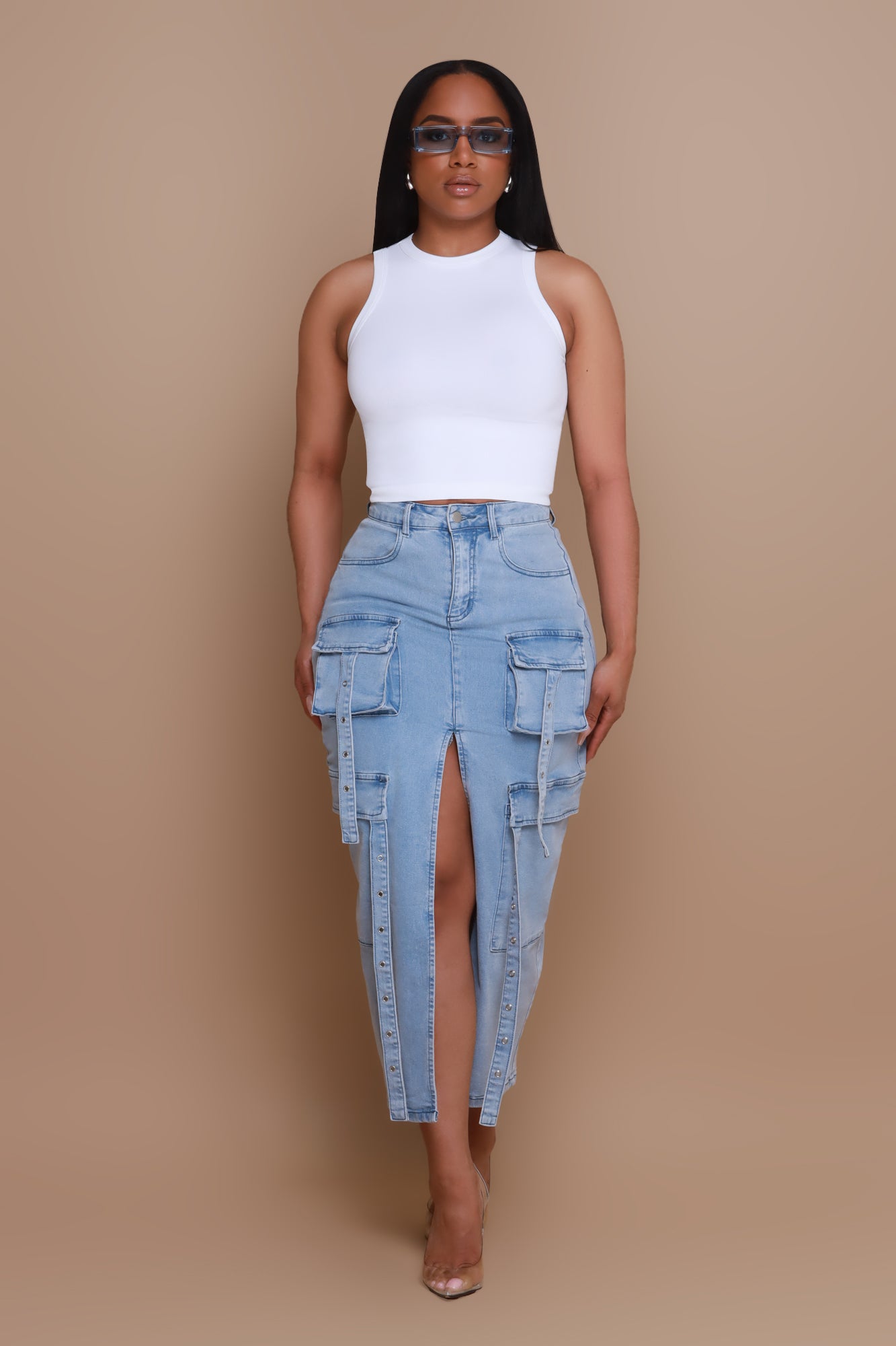 Be Gone Denim Cargo Skirt - Light Wash - Swank A Posh