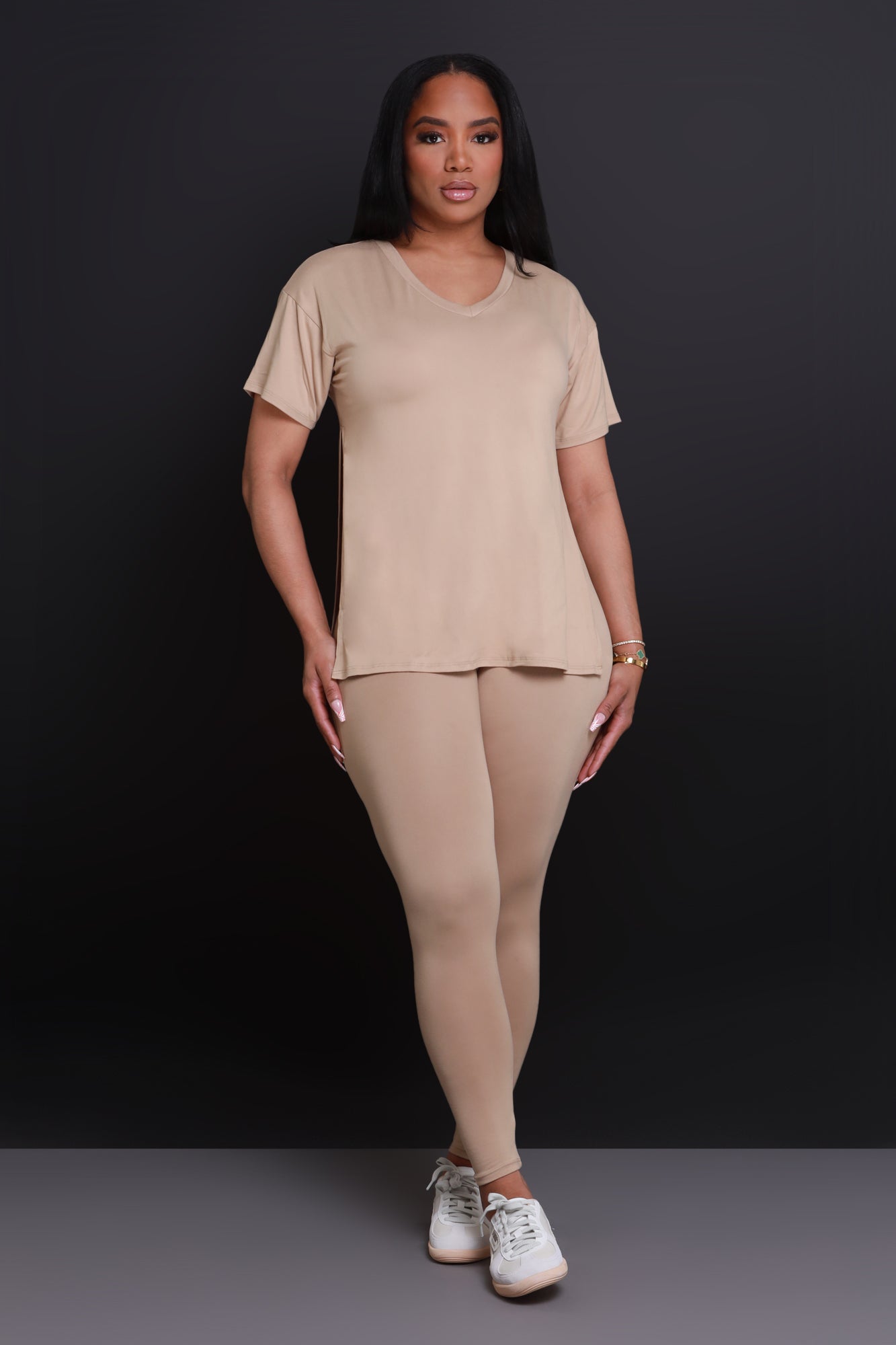 Open Mind Side Slit Short Sleeve Legging Set - Khaki - Swank A Posh