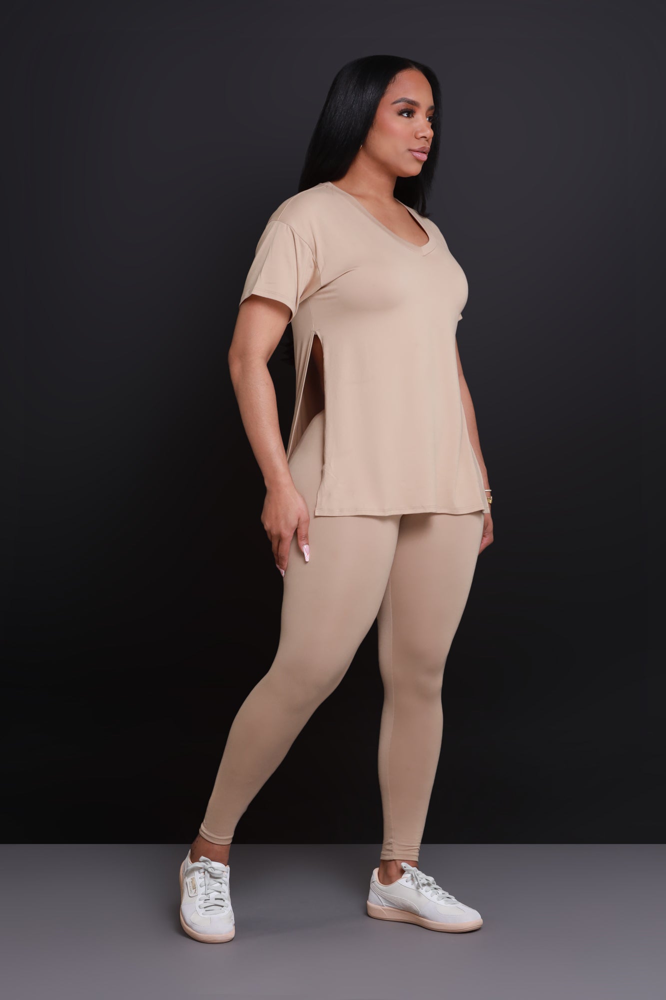 Open Mind Side Slit Short Sleeve Legging Set - Khaki - Swank A Posh
