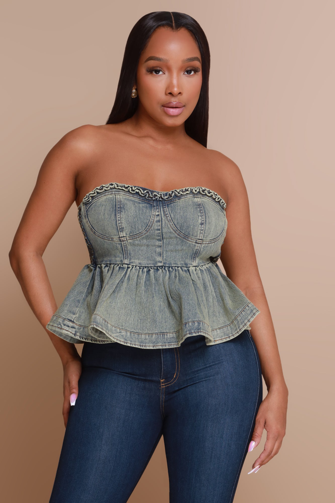 No Crumbs Strapless Denim Crop Top - Vintage Denim - Swank A Posh