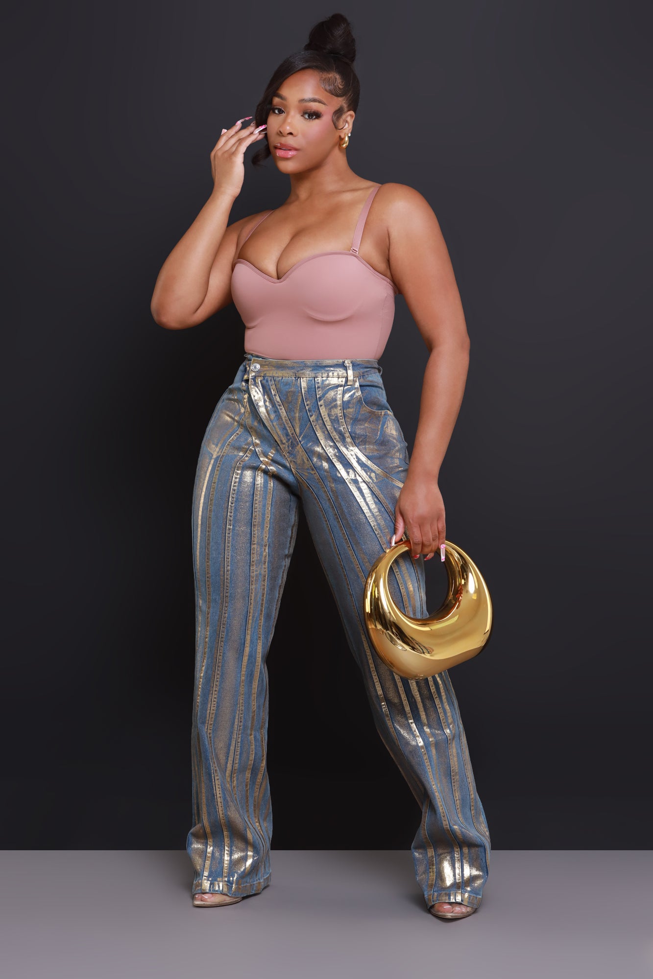 Blue Horizon Asymmetrical Metallic Flare Jeans - Blue/Gold - Swank A Posh