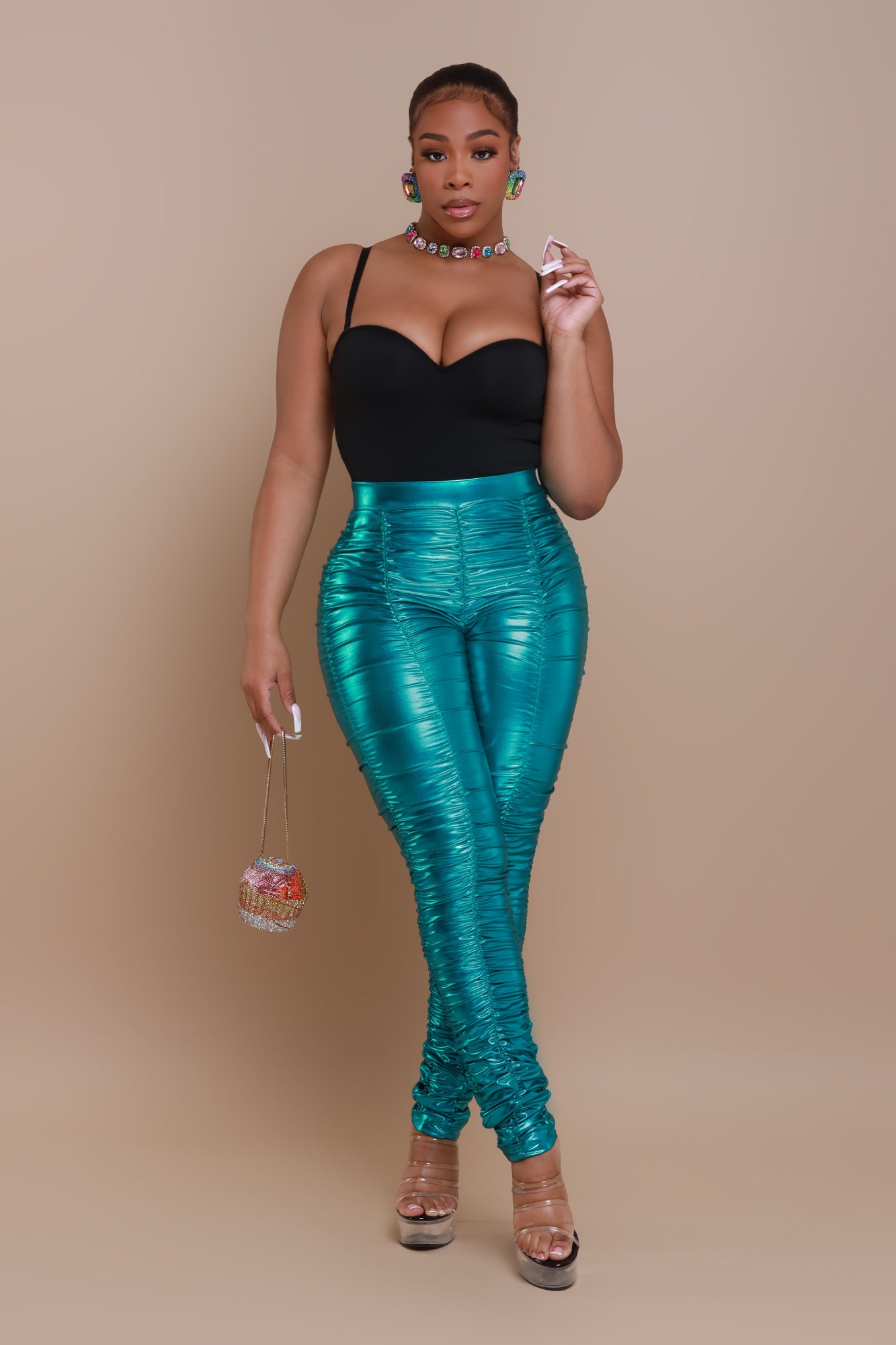 Be Honest Ruched High Waist Pants - Teal Metallic Leggings - Swank A Posh